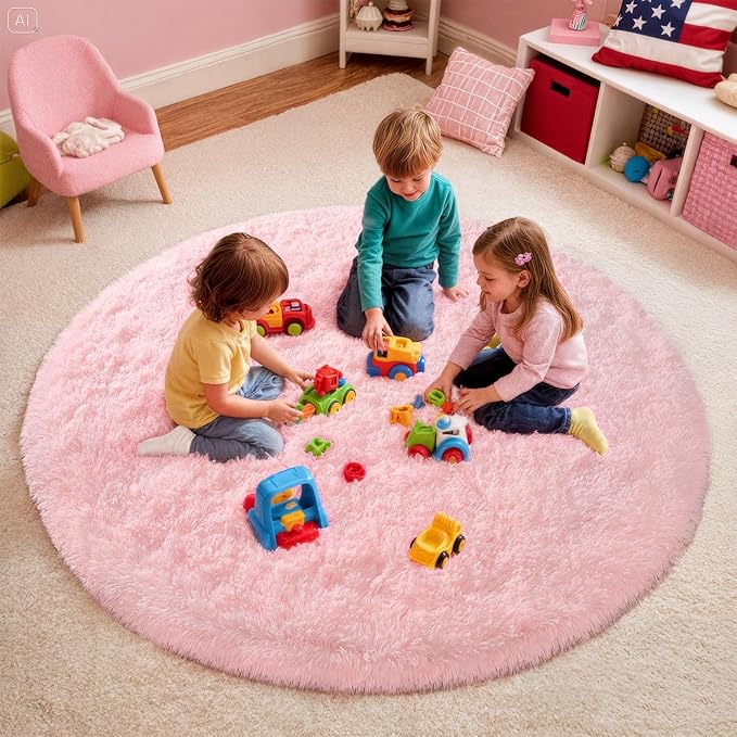 Blivonta Pink Round Rug for Bedroom, 4Ft Fluffy Circle Area Rugs for Living Room, Shag Fuzzy Carpet for Kids Room, Nursery, Dorm, Classroom, Teen, Cute Baby Play Mat Home Decor Aesthetic