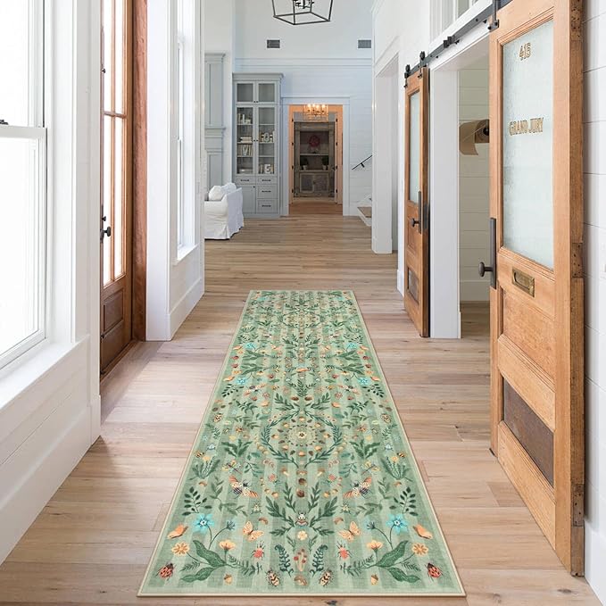 Lahome Chloe Insect Botanical 2'6"x10' Green Runners for Hallways,Non Slip Washable Kitchen Bathroom Runner Rug,Soft Non Skid Indoor Rugs for Entryway Laundry Bedroom(Green,2'6"x10')