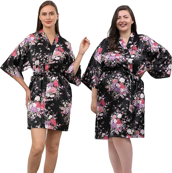 QXQTER Peony Floral Silky Satin Robe Wedding Bridal Party Bride Bridesmaid Robes for Women Dressing Gown Kimono Robe