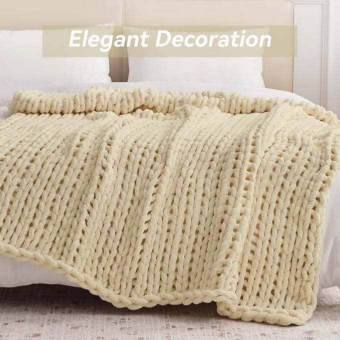 Negwoo Chunky Knit Throw Blanket, 80''*90'' Knitted Throw Chenille Yarn for Bed Couch, Handmade Oatmeal Crochet Big Thick Blanket, Machine Washable Cute Comfy Blanket for Home Decor