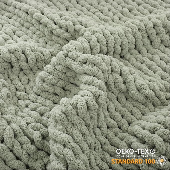 WESHIONGOO Chunky Knit Blanket Throw 51"×63" Knitted Throw Blankets for Couch Bed Fluffy Soft Blanket with Jumbo Chenille Yarn Thick 100% Handmade (Sage Green)