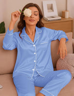 EPLAZA Silk Pajamas for Women Satin Pajamas Set 5 Pcs Long Sleeve Print Pattern Button Down Pjs Sleepwear Loungewear Set