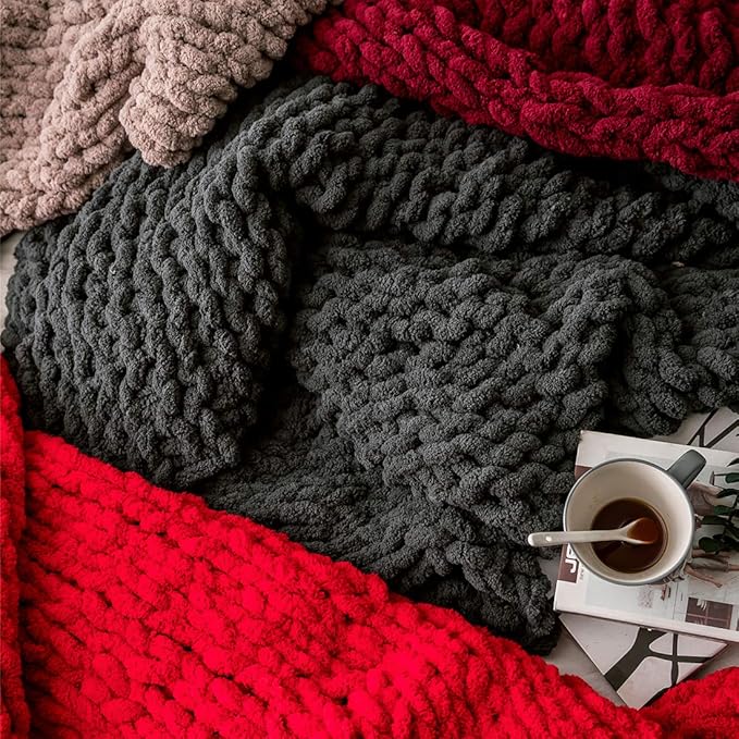 vctops Boho Chenille Chunky Knit Throw Blanket Super Soft Warm Cozy Hand Knit Blankets for Couch Bed Sofa Chair (Dark Grey,51"x63")