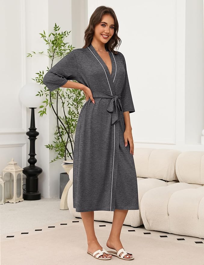 Ekouaer Robes for Women Long Knit Bathrobe Lightweight 3/4 Sleeves Kimono Robe Soft Sleepwear with Pockets S-XXL