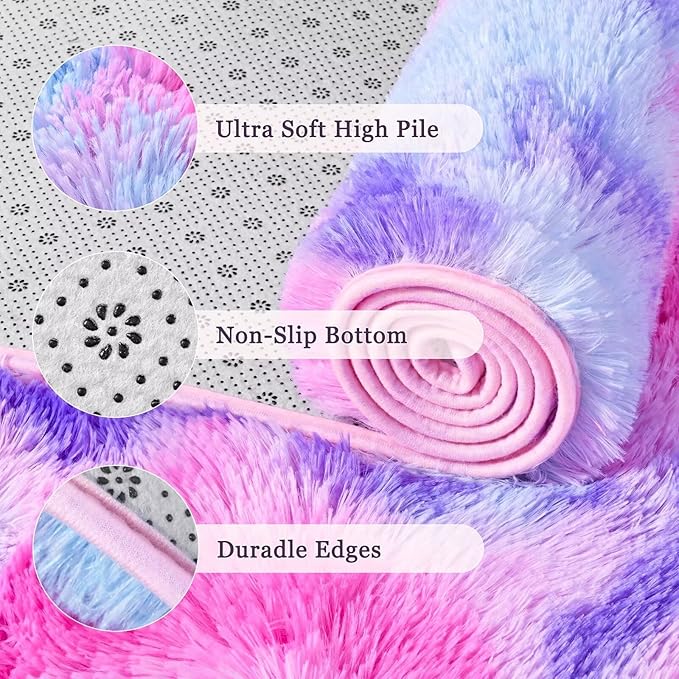 junovo 4x6 Washable Area Rug for Girls Bedroom Living Room, Tie-Dyed Hot-Pink Soft Non-Slip Fluffy Rugs, Shag Plush Memory Foam Carpet for Kids Room Baby Nursery Home Decor