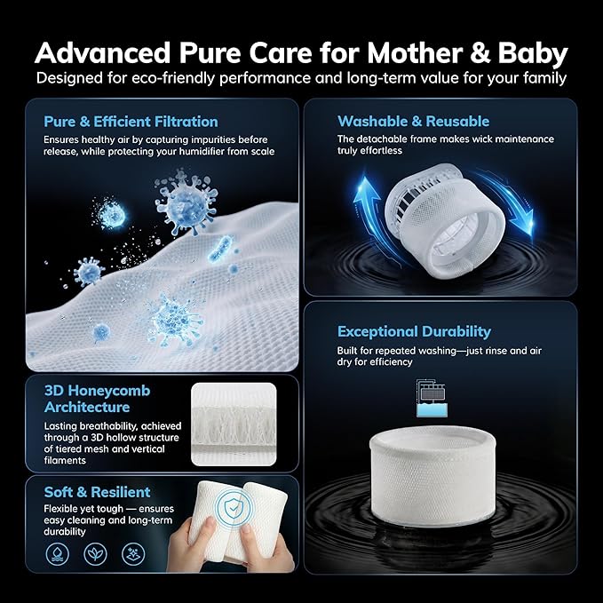 Mist-Free Evaporative Humidifier, No White Dust for Baby, AEOCKY 4.5L Humidifiers with Auto, Dry Filter, Self-Clean, Power & Sleep Mode, Timer for Bedroom, Home, Nursery