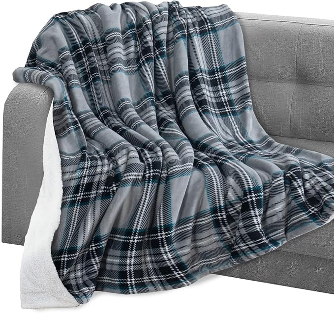 Elegant Comfort Throw Blanket, Reversible Sherpa Flannel, Ultra-Soft, Fuzzy, Cozy and Plush- All Season Lightweight Decorative Throw, 50 x 60 inches, Plaid Design Sherpa Throw, Silver Gray