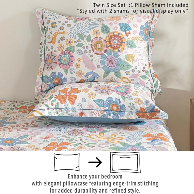 ALEISSEL Blue Floral Cotton Comforter Twin Size - Vibrant Artistic Blooms & Boho Geometric Patterns, White & Soft Blue, 2PC Lightweight Bedding Sets with Down Alternative Fill(68"×90")