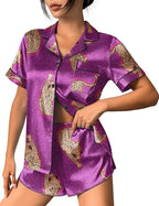 Ekouaer Womens Silk Satin Pajama Set Print Short Sleeve Sleepwear Button Down Pjs Shorts Set Loungewear