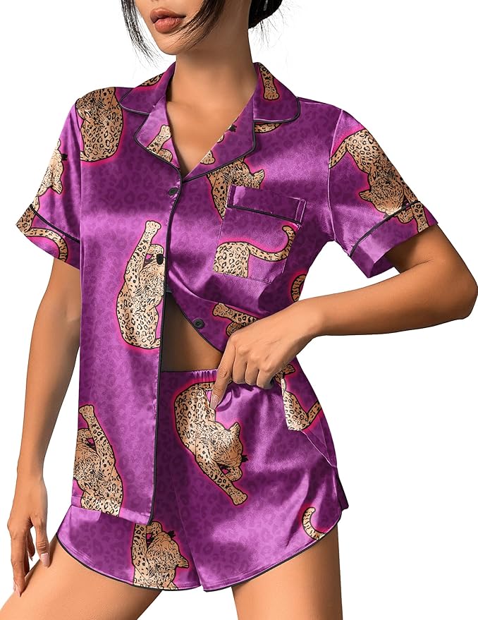 Ekouaer Womens Silk Satin Pajama Set Print Short Sleeve Sleepwear Button Down Pjs Shorts Set Loungewear