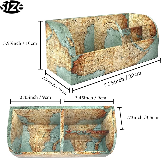 QIELIZI PU Leather Supply Organizer,Remote Control Holder Multifunctional Office Stationery Storage Box Organizer,Pencil Holders Organizers Table Top Desktop Desk Accessories(1-Vintage Map)