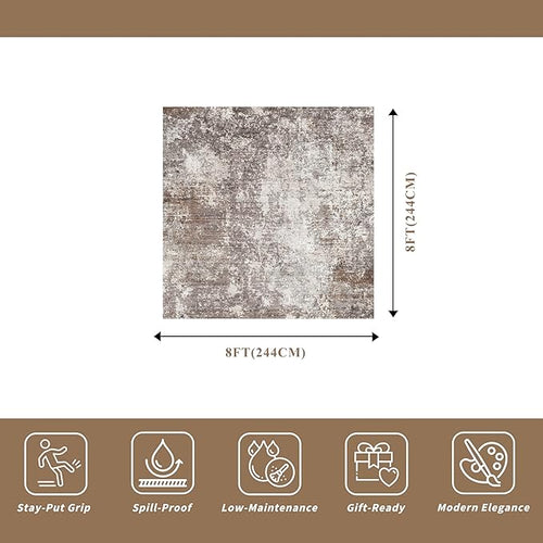 8x8 Square Living Room Area Rug – Washable Modern Neutral Abstract Indoor Rug for Bedroom, Dining Room, Kitchen – Non-Slip Soft Low-Pile Floor Carpet (Brown Beige,8x8)