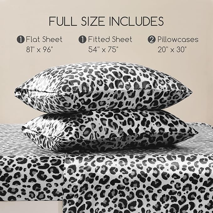 MR&HM Satin Sheets with Elastic Corner Straps, Full Size Sheets Set, 4 Pcs Silky Bedding Set with 15 Inches Deep Pocket for Mattress (Full, White Leopard)
