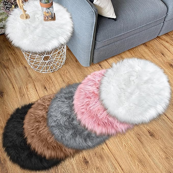 15.7 Inch Mini Small Fur Rug Round, White Plush Fluffy Mini Sheepskin Rug Circle for Chair Dorm Small Fuzzy Round Carpet for Nail Desk 1.3Ft Size Fit for Photo Props Background