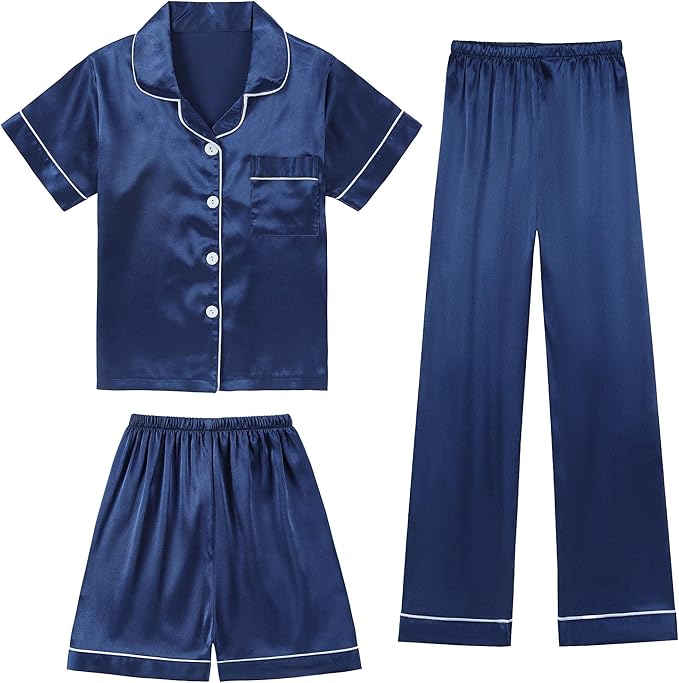 DIPUG 3 Piece Girls Silk Pajamas Set Soft Satin PJs Sleepwear for Comfortable Nights