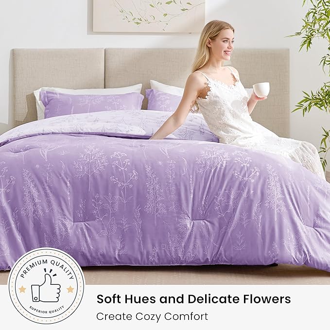 Love's cabin Lavender Comforter Set King - King Size Comforter Set, 3 Pieces Cute Floral Bedding Sets for All Seasons,1 Soft Reversible Botanical Flowers Comforter and 2 Pillow Shams
