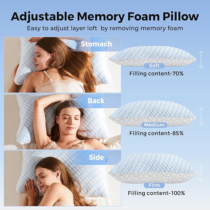 puredown® King Size Pillows Set of 2, Shredded Memory Foam Pillows, Cooling Pillow King 2 Pack, Foam Pillow for Sleeping, Adjustable Firm Bed Pillow for Side, Back and Stomach Sleepers