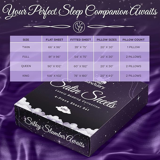 SLEEP SANCTUARY Satin Sheets Twin Size – 3 Piece Luxury Silky Bed Set, Softer Than Silk, 15" Deep Pocket, Cooling & Wrinkle-Free, Moisture-Wicking & Breathable for Hair & Skin (Striped Purple)