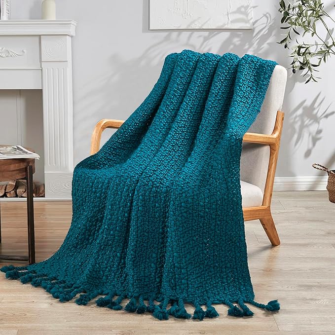 Chunky Knit Throw Blanket with Braided Tassels 50" x 60", Hand Knitted Soft Thick Yarn Basket Weave Boho Farmhouse Blanket, Plush Fluffy Tassel Decor Throw for Couch Bed Sofa, Dark Teal