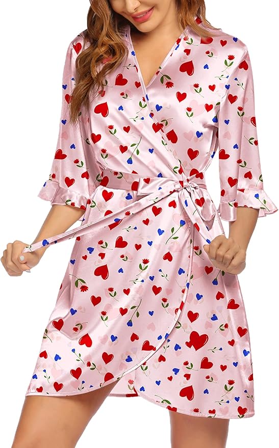 Ekouaer Women's Satin Robe Valentines Lingerie for Women Kimono Bathrobe Short Ruffle Belted Robes Bridesmaids Sleepwear
