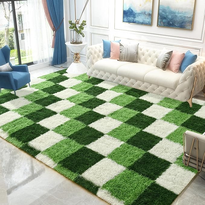 Shag Area Rug, 5x7 ft Deep Green White Fluffy Rugs for Bedroom Living Room, Soft Shaggy Modern Indoor Carpets, Cute Plush Rugs for Kids Girls Room Nursery, High Pile Throw Rug for Home Decor
