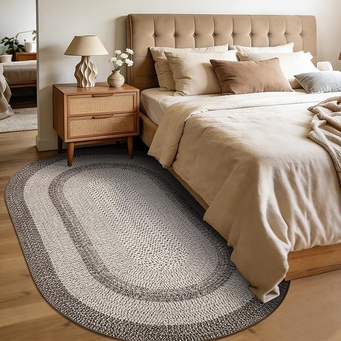 5x8 Oval Living Room Area Rug Washable Modern Border Bedroom Bedside Area Rugs Non Slip Low Pile Dining Room Oval Throw Carpet Contemporary Rugs for Living Room Kitchen Nursery, Mocha