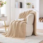 Soft Chunky Knit Ginger Beige Throw Blanket - Thick Cozy Decorative Blanket for Couch Sofa Bed Living Room, 60"x80"