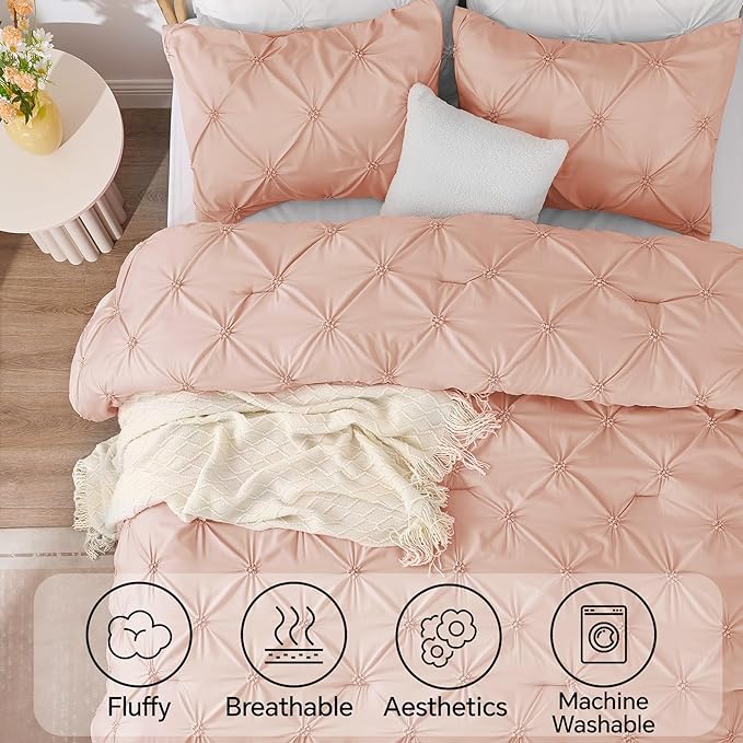 BEDELITE Dusty Pink King Size Comforter Set - 3 Pieces Boho Pintuck Bedding Comforter Sets, Lightweight Soft & Warm King Bedding Set with 2 Pillowcases for All Season