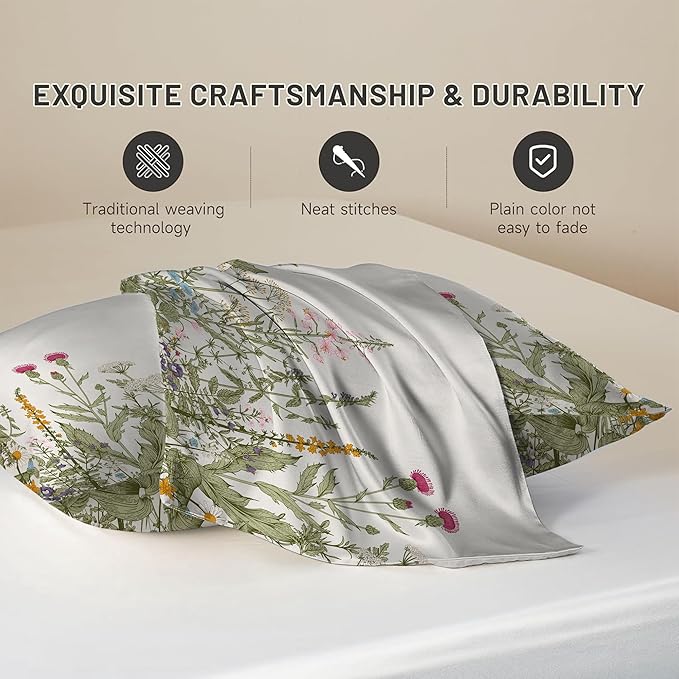 Silk Like Pillowcase for Hair and Skin Herbs and Wildflowers 1 Pack Satin Pillowcase with Hidden Zipper Soft Breathable Smooth Cooling Pillow Cover Queen Size for Bedroom Sofa 20”x30”