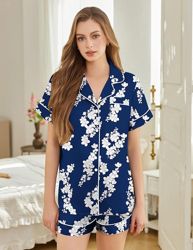 Silk Pajamas for Women Short Sleeve Sleepwear Soft Button Down Loungewear 2 Piece Satin Pjs Shorts Set S-XXL