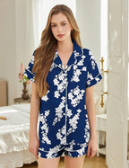Silk Pajamas for Women Short Sleeve Sleepwear Soft Button Down Loungewear 2 Piece Satin Pjs Shorts Set S-XXL