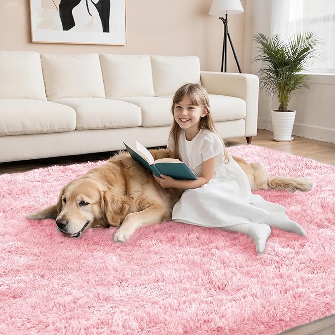 Shag Pink Rug 9x12 Area Rugs for Bedroom Living Room - Non Slip Ultra Soft Large Fluffy Fuzzy Shag Plush Shaggy Furry Rug for Dorm Kids Room Nursery Playroom, Home Office Big Modern Carpet