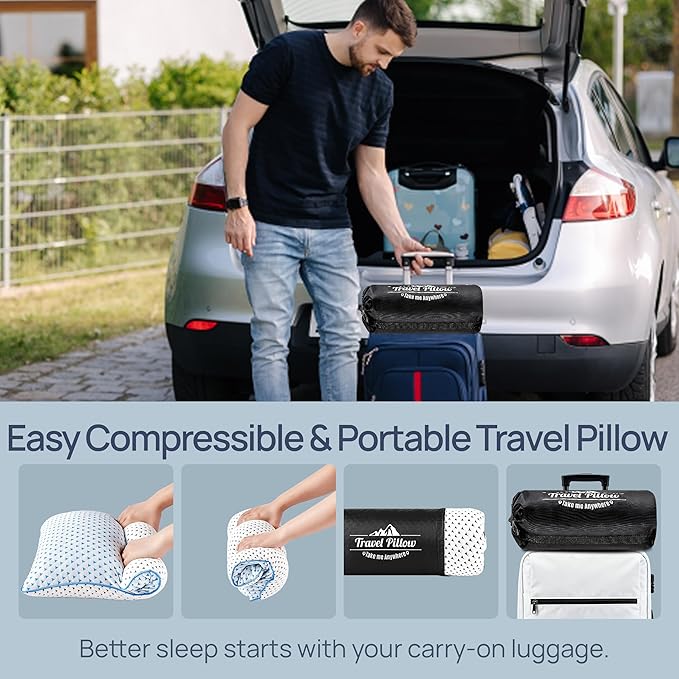 Cooling Shredded Memory Foam Travel & Camping Pillow Large, Adjustable College Dorm Pillow for Home-Like Comfort,Compressible Portable & Medium Firm Neck Support, Ideal Sleeping, Car, Airplane