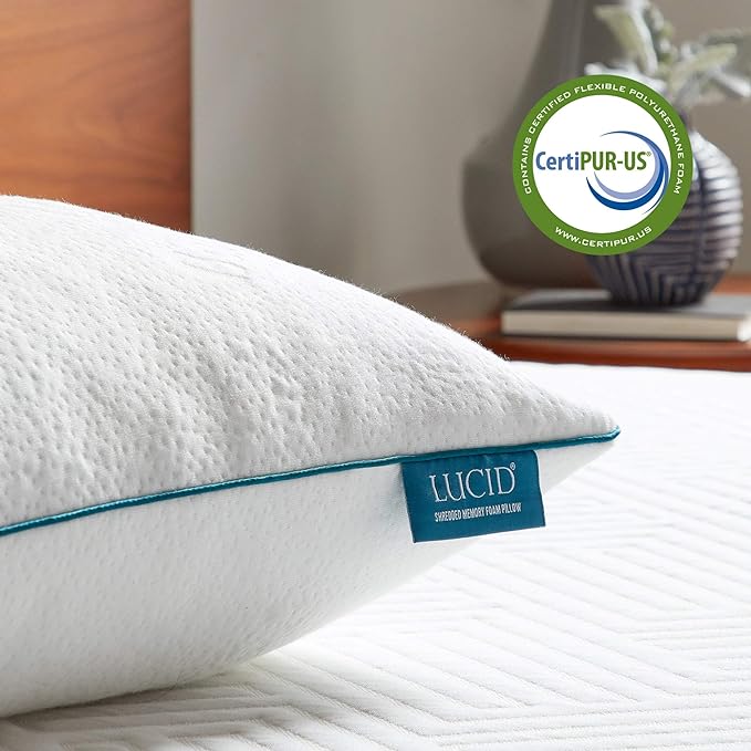 LUCID Premium Shredded Memory Foam Pillow, King Size, 2 Pack – Moldable Loft, Rayon from Bamboo Cover – Down Alternative – CertiPUR Certified