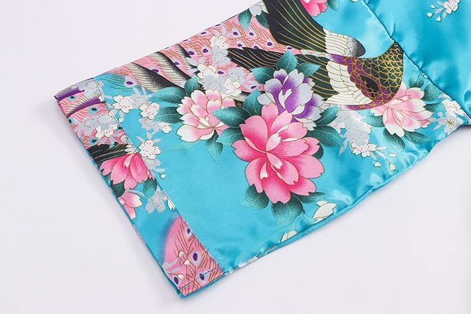 Women's Short Kimono Robes Bride and Bridesmaid Satin Floral Bathrobe Peacock Sleepwear Dressing Gown for Wedding Party