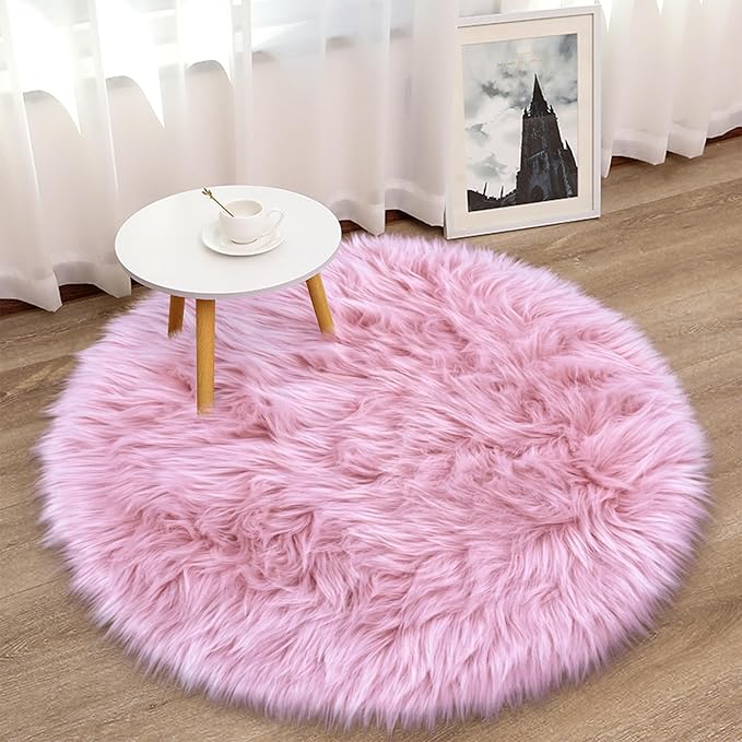 Pink Round Rug for Girls Bedroom, Fluffy Circle Rug 3 3 Feet for Kids Room, Furry Carpet for Teen Girls Room, Shaggy Circular Rug for Nursery Room, Fuzzy Plush Rug for Dorm