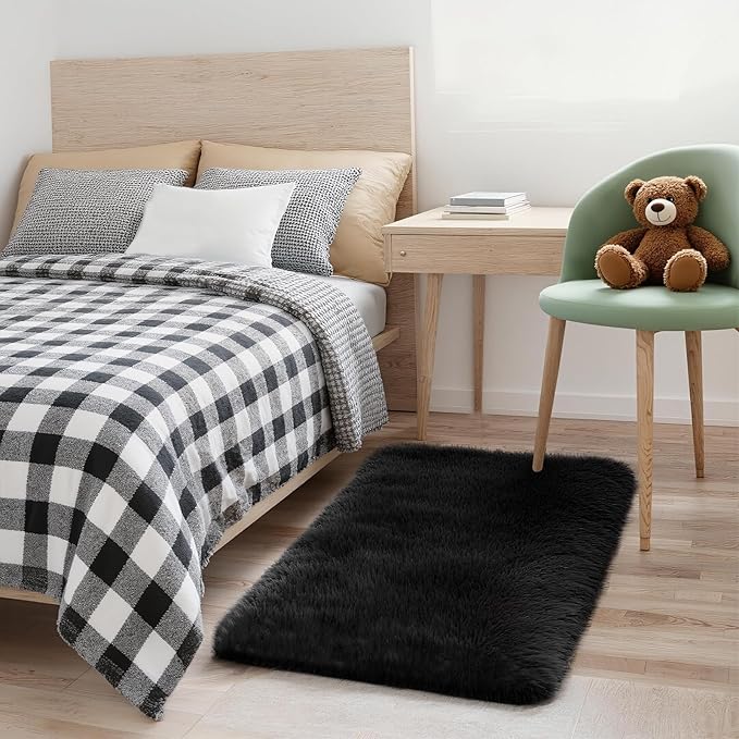 Shag Black Rug, 2x3 Area Rugs for Bedroom Bedside, Ultra-Soft Fluffy Fuzzy Plush Shaggy Furry Rugs for Kids Room, Boys Girls Room, Dorm, Easy Clean Modern Small Carpet