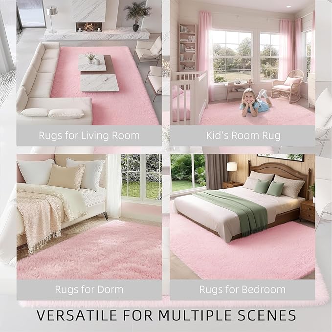 Shag Pink Rug 9x12 Area Rugs for Bedroom Living Room - Non Slip Ultra Soft Large Fluffy Fuzzy Shag Plush Shaggy Furry Rug for Dorm Kids Room Nursery Playroom, Home Office Big Modern Carpet
