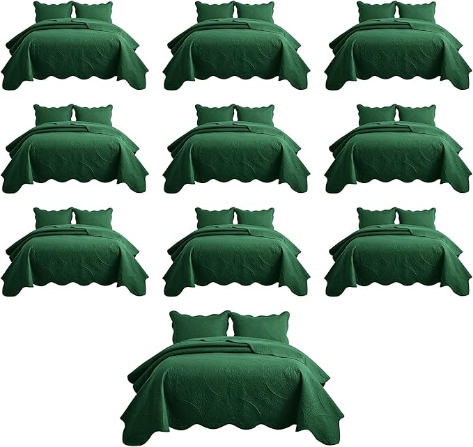 IR Imperial Rooms 10 Pack Queen Quilt Bedding Set (90" x 96") - Bulk Wholesale for Hotels, Guest Bedroom & Airbnbs - Lightweight Microfiber Reversible Floral Embossed Quilts Bedspreads (Emerald)