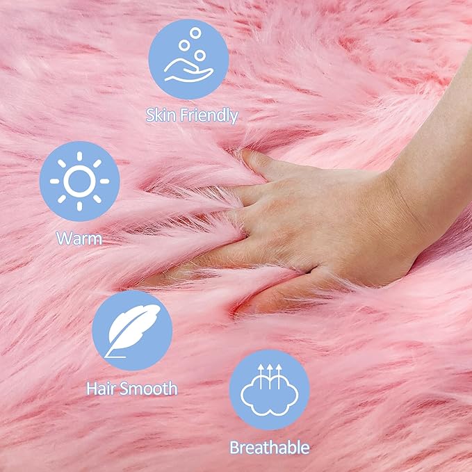 4 Ft Fluffy Round Pink Rugs for Bedroom Girls, Plush Faux Sheepskin Fur Rug for Living Room, Fluffy Circle Rug for Kids Room, Fuzzy Shag Circle Carpet for Teen Girls Baby Room Nursery Dorm