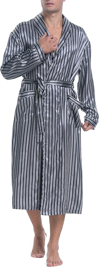 Lavenderi Mens Silky Satin Lounge Robe, Long Lightweight Sleepwear