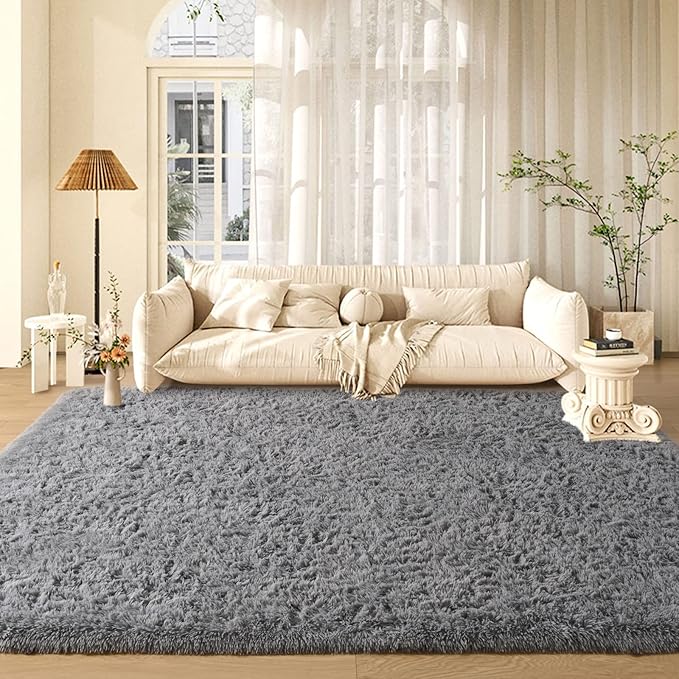 Grey Area Rug 8x10 Large Rugs for Living Room Bedroom, Fluffy Soft Rug Modern Carpets for Kids Room, Non-Skid Rectangular Indoor Rug for Girls Boys Playroom Nursery Room Home Decor