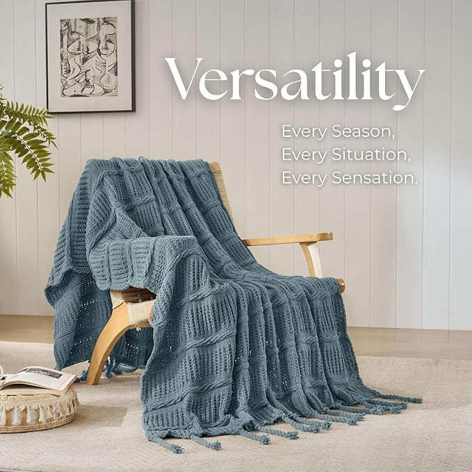 Boho Knitted Chenille Blanket with Tassels - Lightweight & Soft All-Season Throw - 3D Classic Pattern for Living Room Bedroom Couch, Celestial Blue, Queen 90"x90"