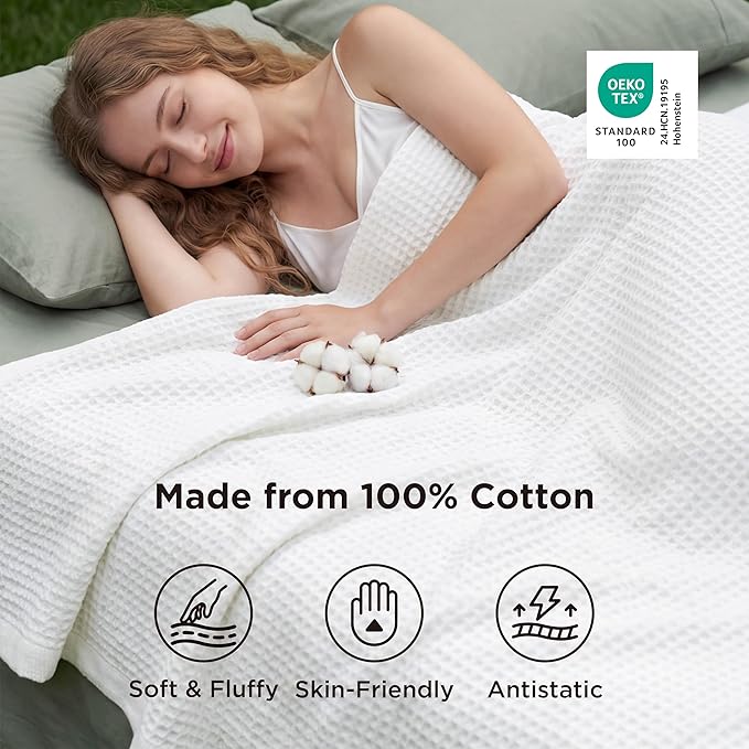 Bedsure Gentlesoft 100% Cotton Blanket Full Size for Bed - Cooling Breathable and Soft for Spring Summer, Thick Cozy Waffle Weave Cooling Blanket Gifts for Women, White, 80x90 Inches