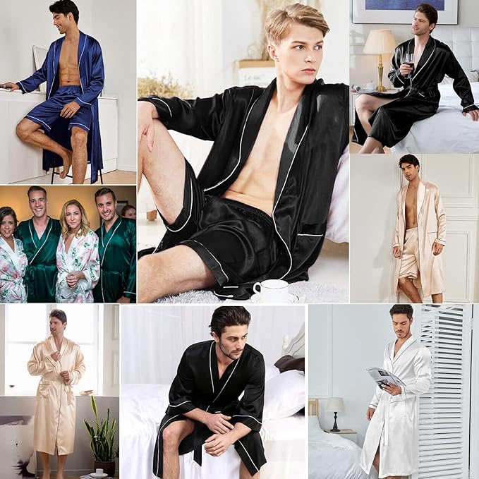 SWOMOG Men's Satin Robe Silky Kimono Bathrobe with Shorts Set Lightweight Soft Loungewear Nightwear