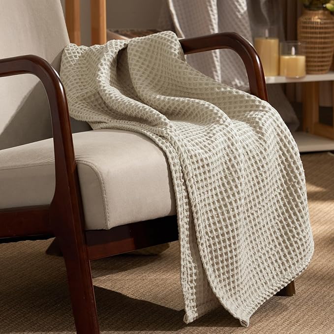 PHF Ultra Soft Waffle Weave Throw Blanket 50"x 60"- Washed Lightweight Breathable Cozy Woven Blanket for Bed - Aesthetic Decor for Couch Bedding Sofa Home Car - Light Khaki/Linen