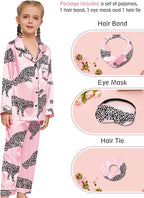 EPLAZA Kids Satin Pajamas Sets Girls Boys Button-Down Silky Pajamas Sleepwear with Hairband Eye Mask Hair Tie