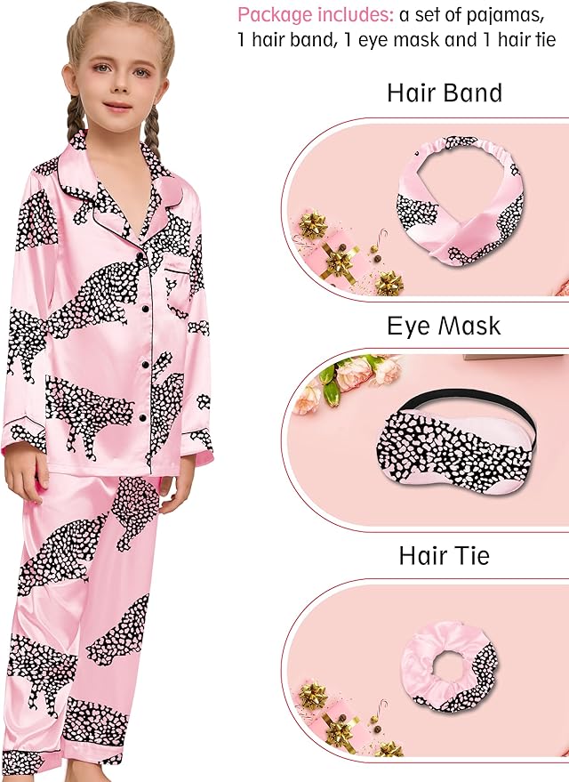 EPLAZA Kids Satin Pajamas Sets Girls Boys Button-Down Silky Pajamas Sleepwear with Hairband Eye Mask Hair Tie