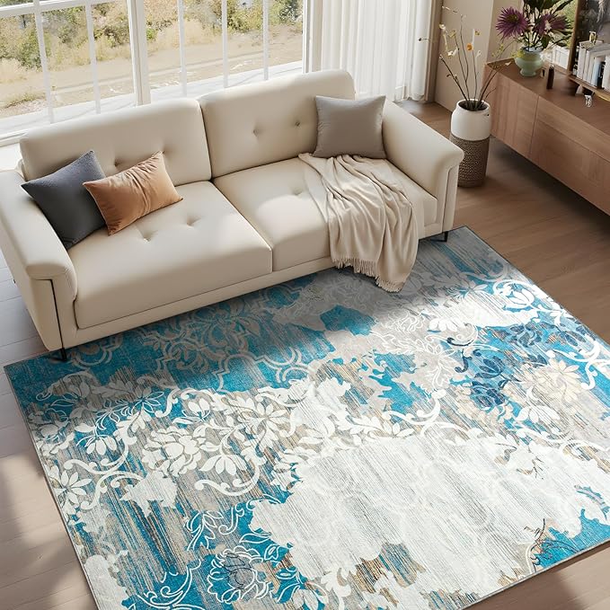 CRYPTOLITE Area Rugs 9x12 Rug for Living Room Abstract Washable Rug with Non-Slip Backing Low Pile Area Rugs for Bedroom, Dining Room, Blue
