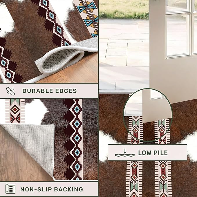 Country Cow Print Long Hallway Rug,3.3x10ft,Faux Cowhide Animal Print Southwestern Rugs,Western Aztec Tribal Decor Rustic Runner Rug, Non-Slip Washable Floor Mat for Kitchen Bedroom